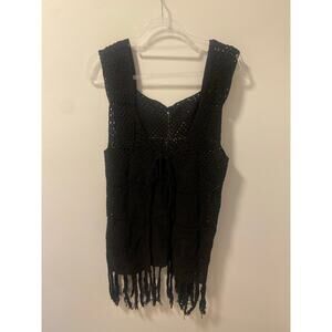Black Crochet Fringe Front Tie Tank Top-Size M